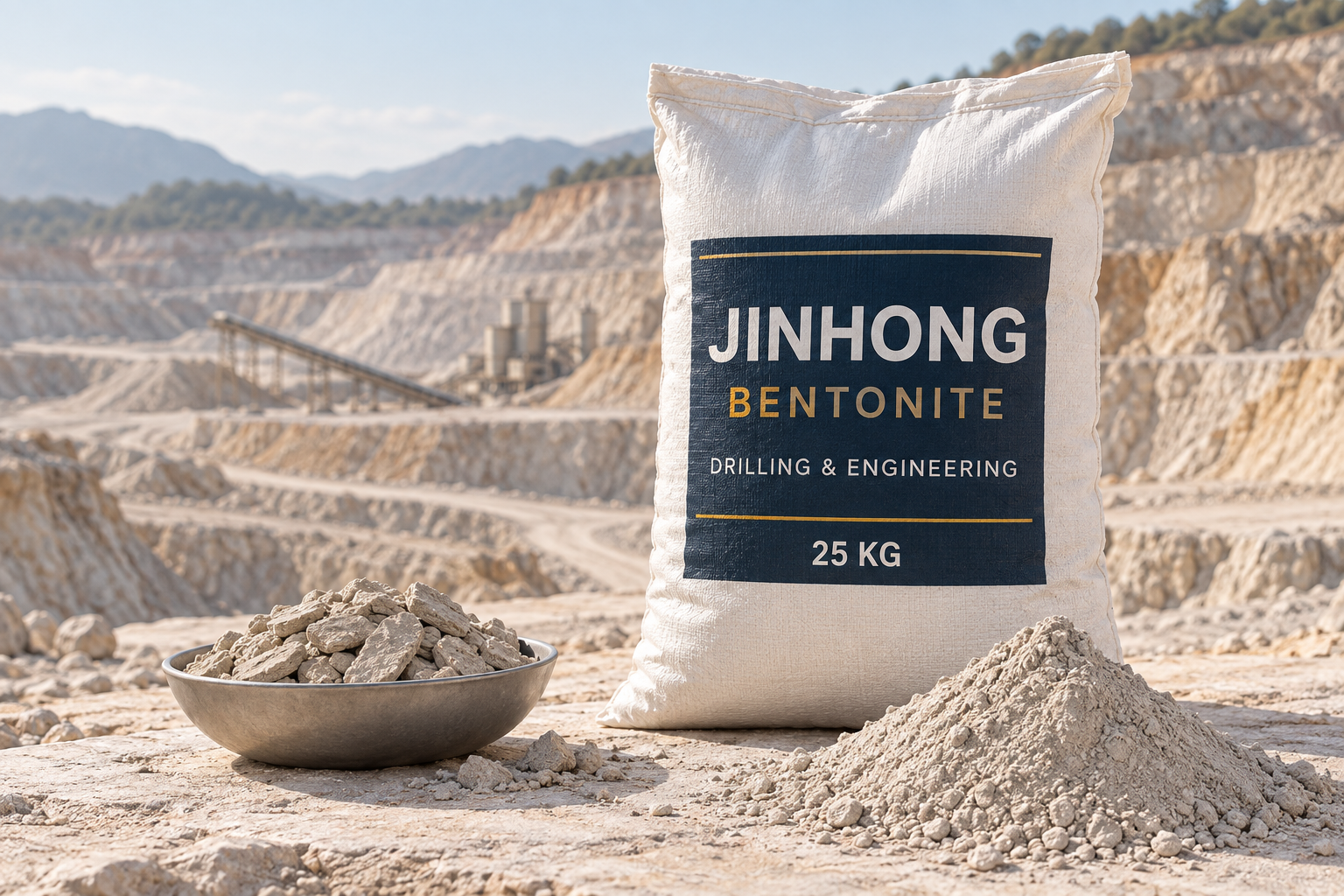 Jinhong bentonite packaging concept with mineral powder, clay fragments and a quarry backdrop