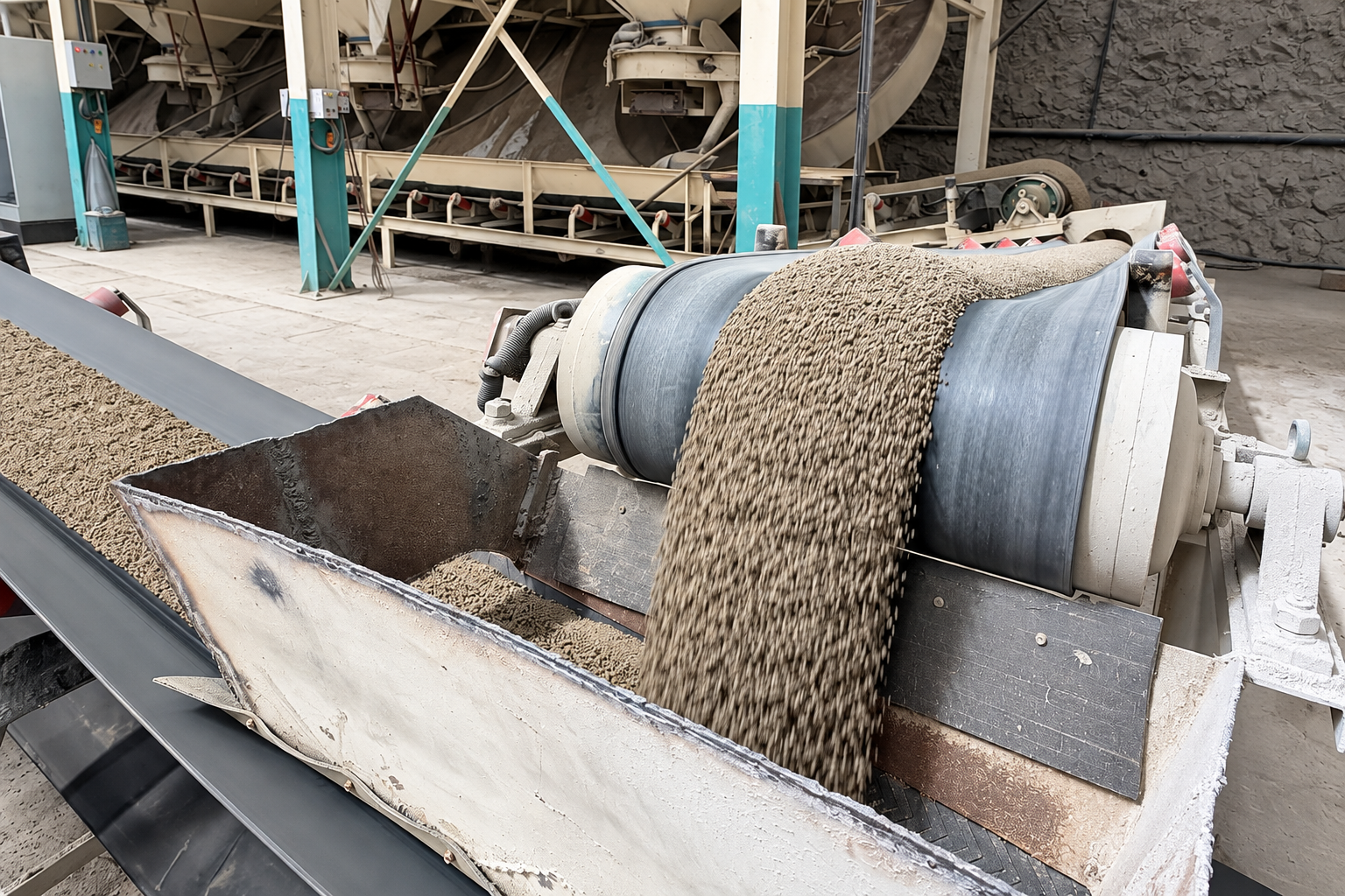 Mineral granules moving between conveyor belts through a transfer chute