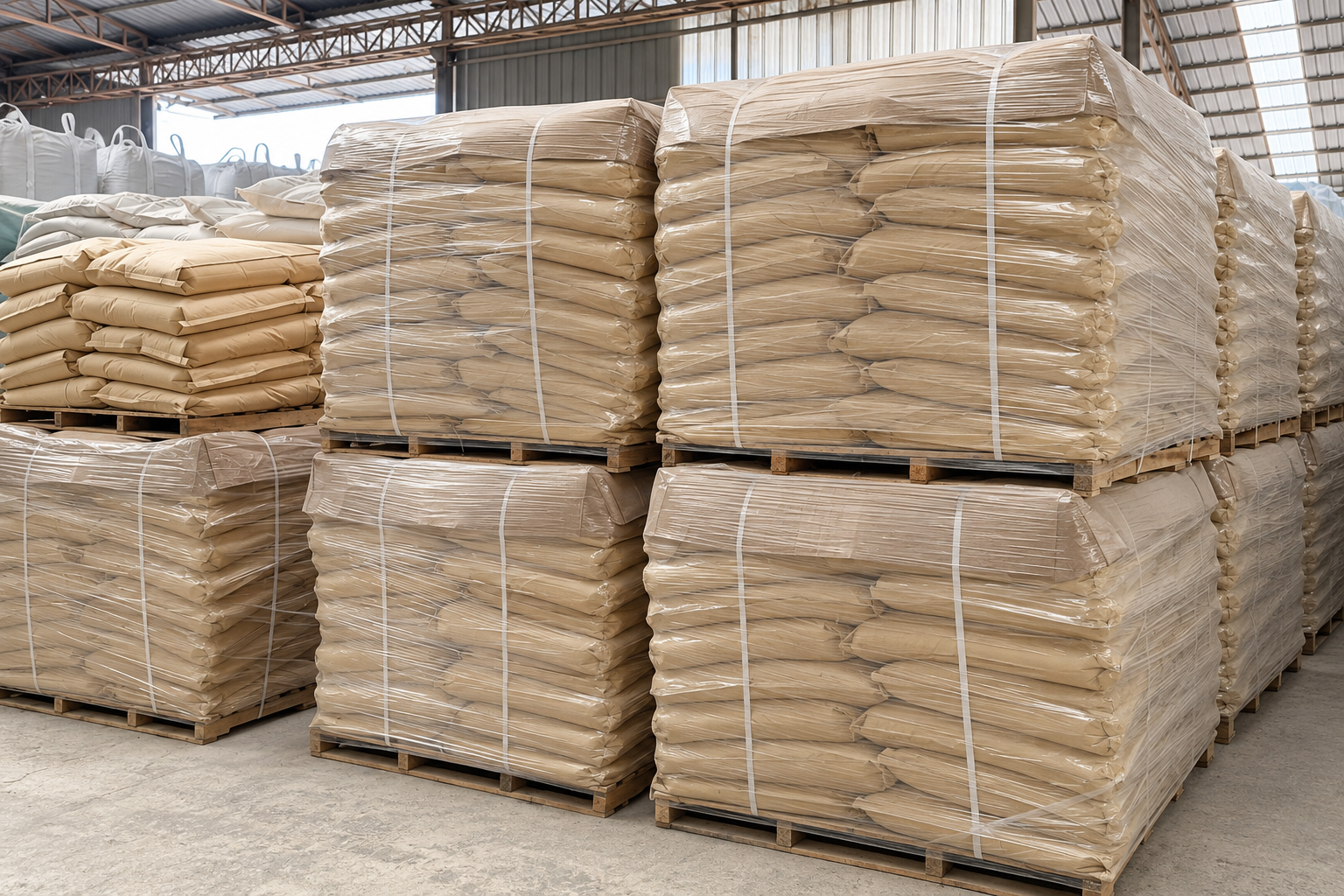 Shrink-wrapped sacks secured on wooden pallets inside a warehouse