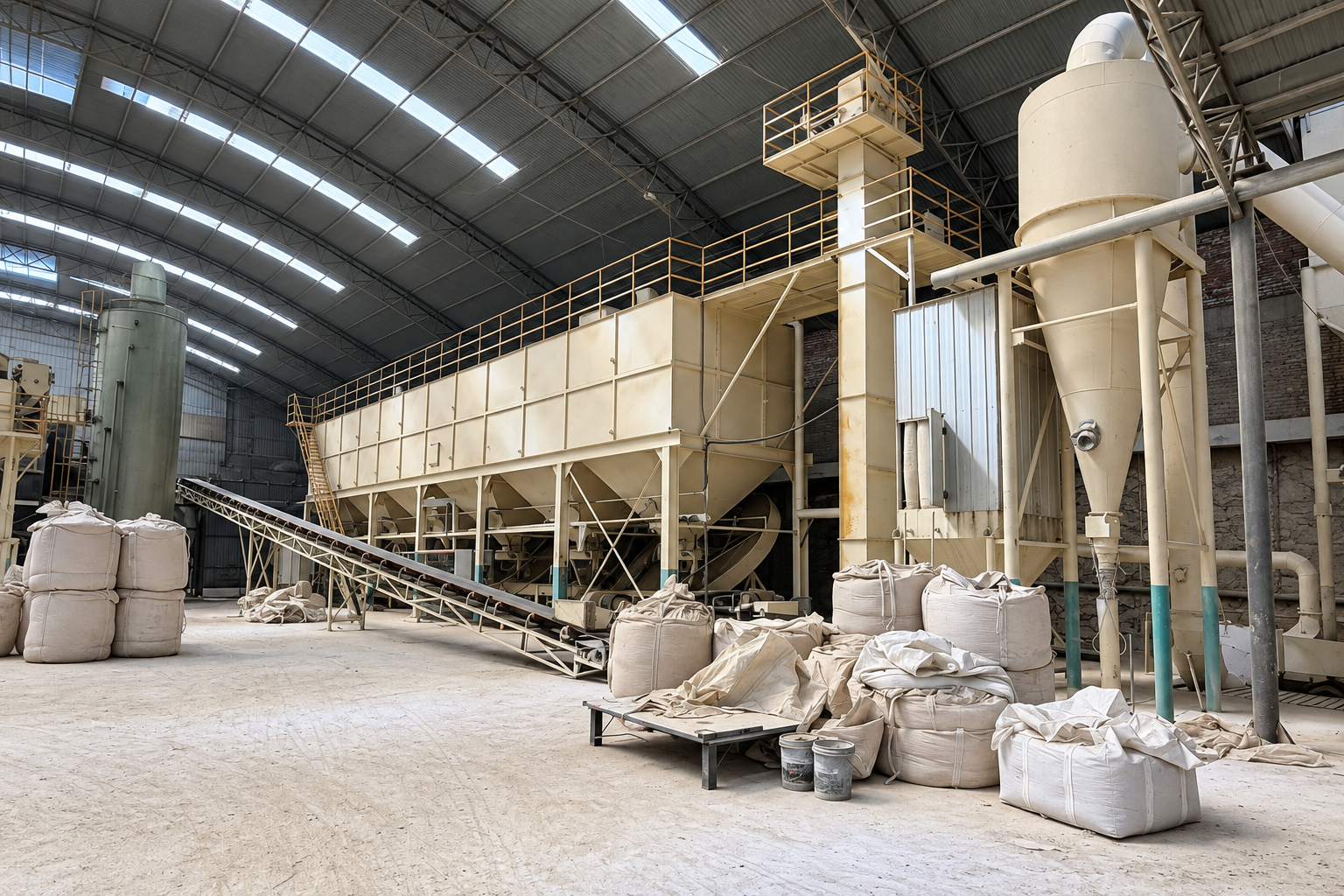 Processing installation with pale-yellow hoppers, cyclone and conveyor inside a steel-roofed workshop
