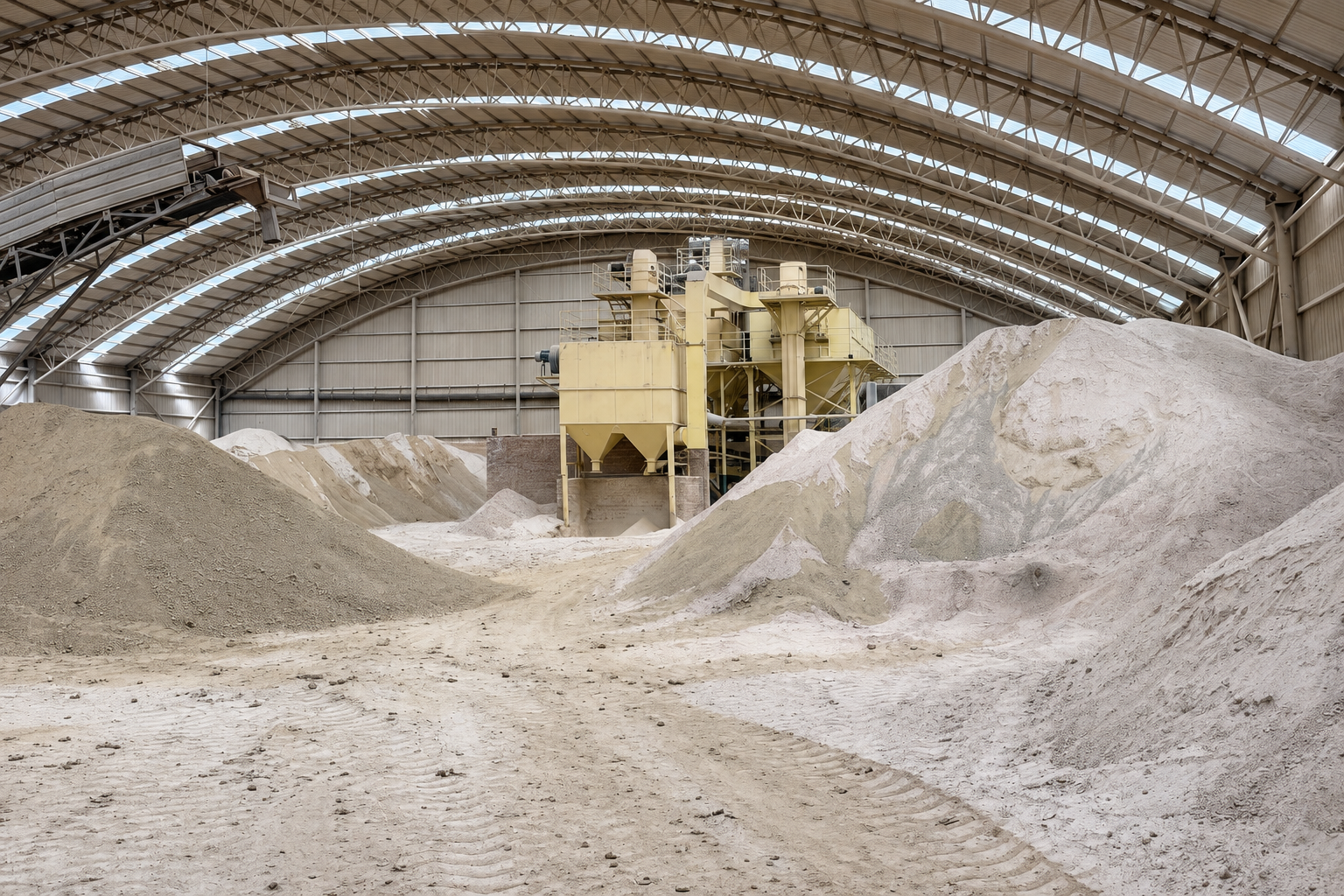 Pale mineral stockpiles beneath an arched warehouse roof