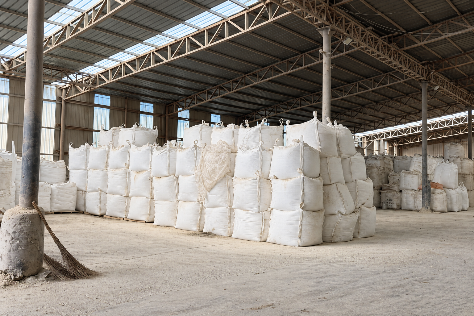 White bulk bags stacked inside a steel-roofed warehouse