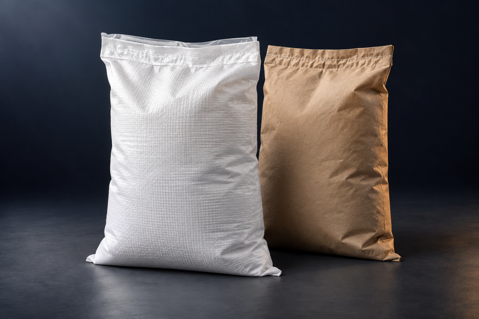 Illustrative small sacks in white woven polypropylene and kraft-paper composite packaging