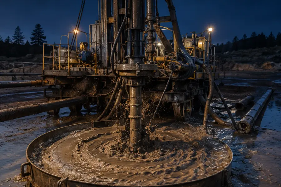 Bentonite drilling slurry circulating around a water-well drilling rig