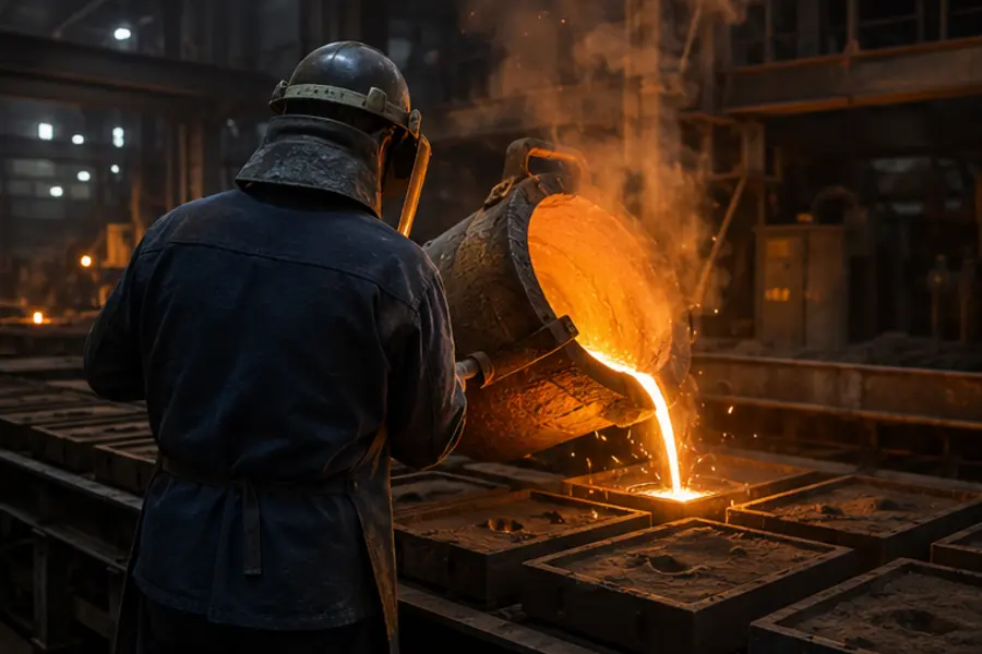 Foundry worker pouring molten metal into a sand mould