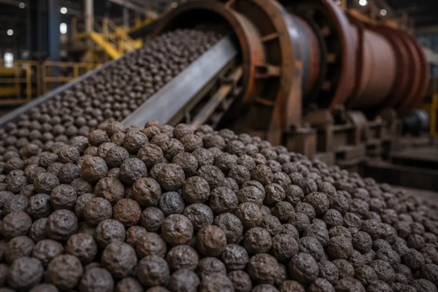 Close-up of finished iron ore pellets used in steel production